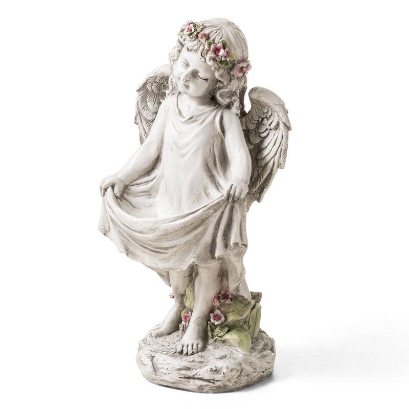 Glitzhome Vintage MgO Angel Distressed Garden Statue Sculpture with a Birdfeeder