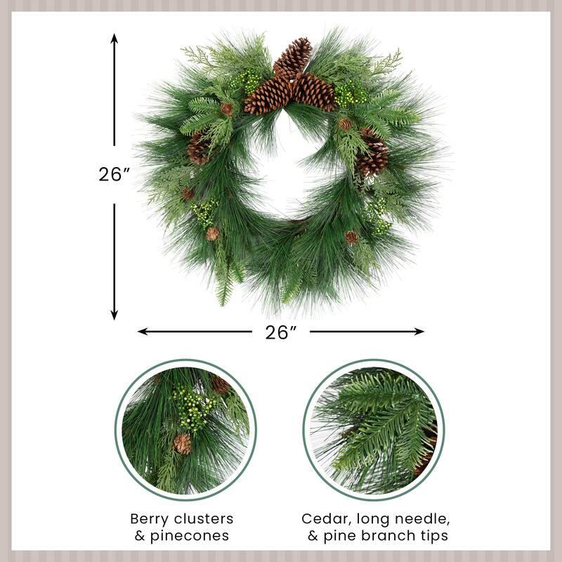Long Needle Pine Berries and Pinecone Artificial Christmas Wreath - 26" - Unlit