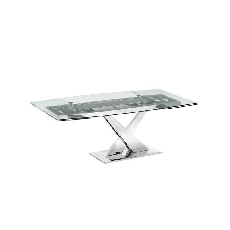 X Base Manual Dining Table with Stainless Base and Clear Top
