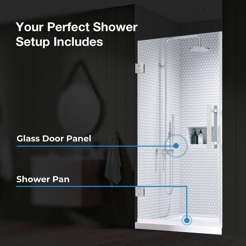 OVE Panama Alcove Frameless Pivot Hinge Shower Door Kit with Base Pan, 2025