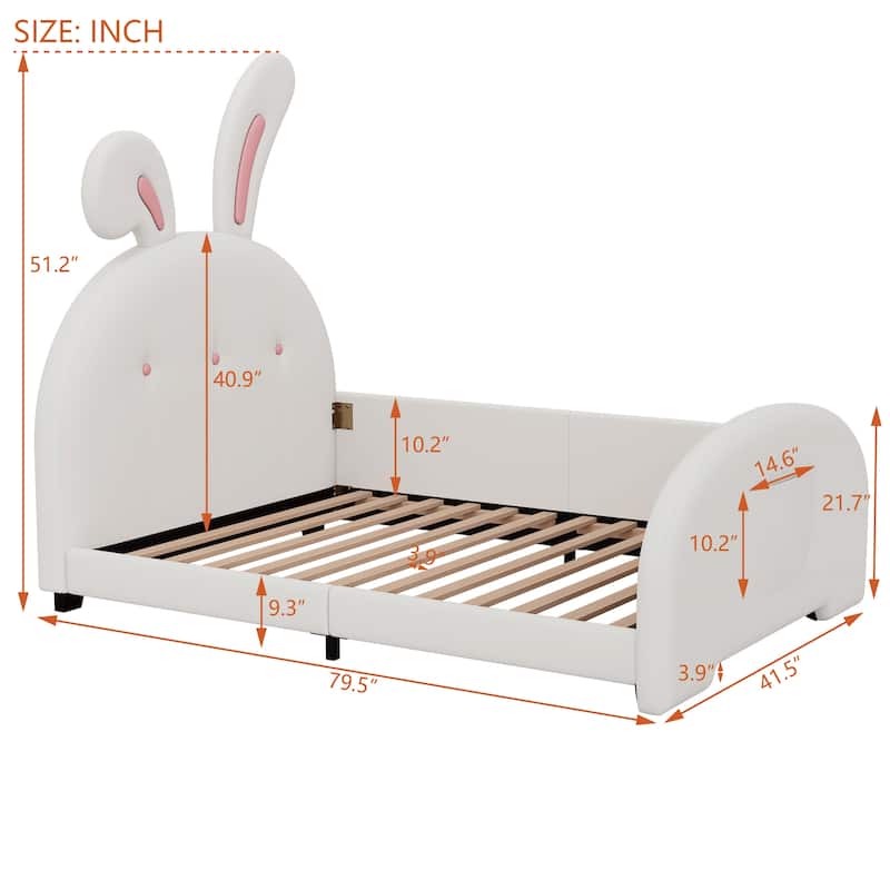 Twin Upholstered Rabbit-Shape Princess Bed,Headboard & Footboard,White ...