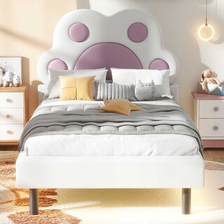 Pink Velvet Upholstered Twin Bed with Animal Paw Headboard and LED Lighting