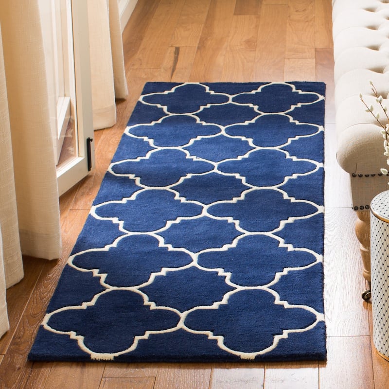 SAFAVIEH, Handmade Chatham Caisa Modern Moroccan Wool Rug - 2'3" x 7' Runner - Dark Blue/Ivory