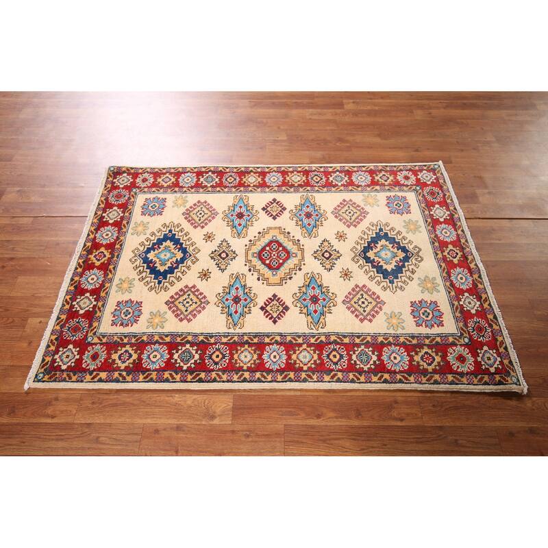 Kazak Oriental Accent Rug Handmade Beige Geometric Wool Carpet - 3'3" x 4'11"