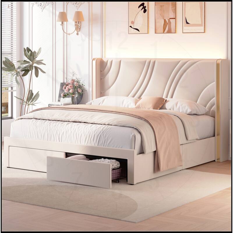 Velvet LED Bed Frame with Storage Drawers - Beige - Full
