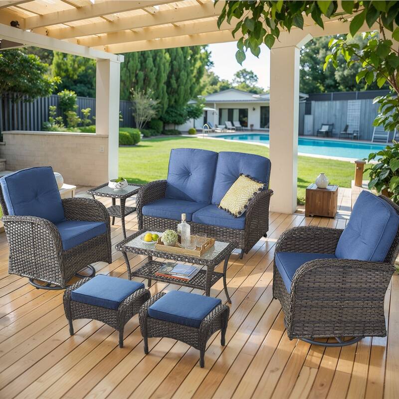 Outdoor Glider Sofa with Swivel Chairs Ottoamns and Table - Brown - Blue