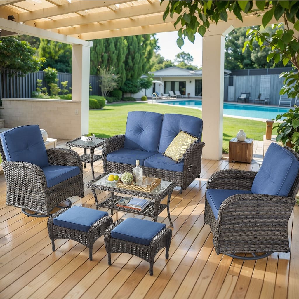 Outdoor Glider Sofa with Swivel Chairs Ottoamns and Table
