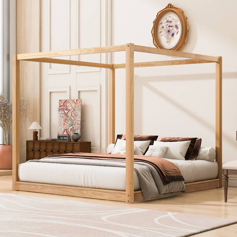 Wood Canopy Bed Floor Platform Bed Grounded Bed with Slats Support and Top Frame Easy Assembly No Box Spring Needed
