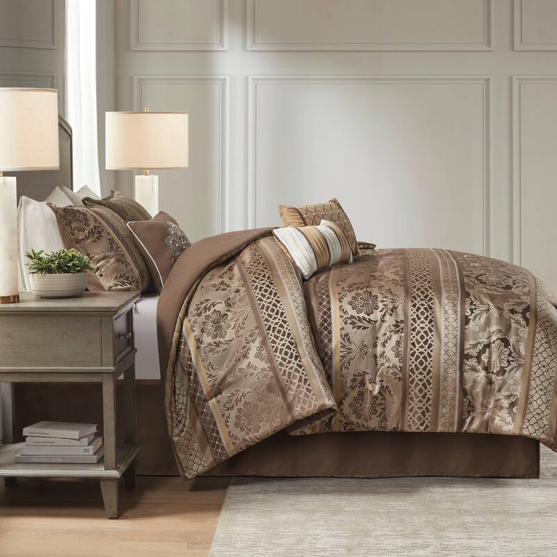 7 Piece Jacquard Comforter Set Brown/Gold Cal King