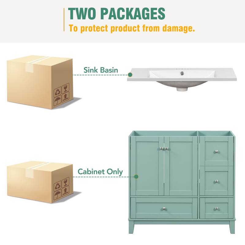 36" Modern Bathroom Vanity with USB Charging, 2Doors and 3Drawers Storage Vanity Cabinet, single sink, Faucets Not Included
