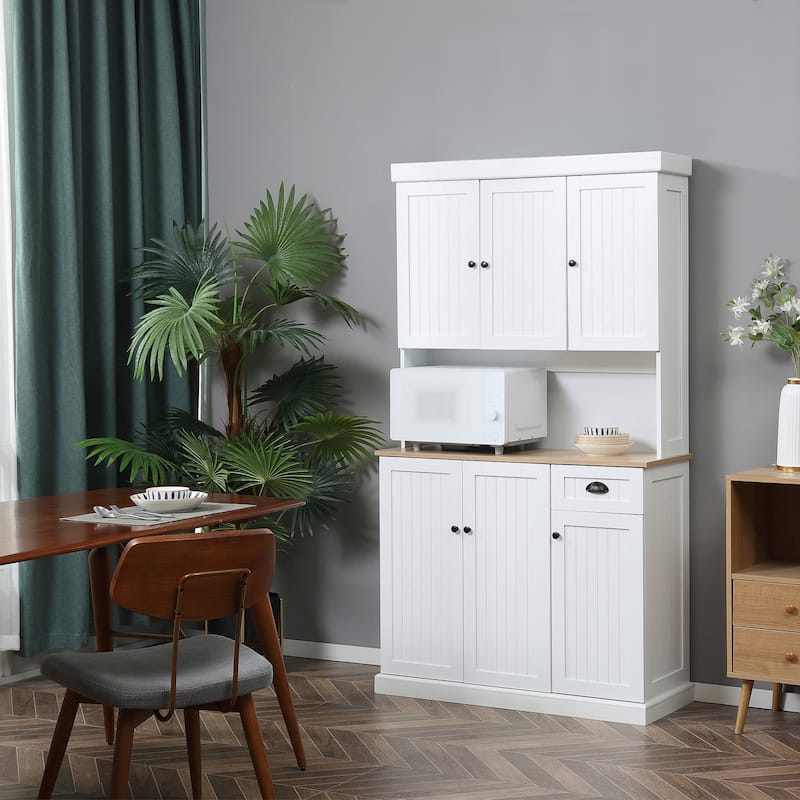 71" Buffet with Hutch, Modern Kitchen Pantry Storage Cabinet with Microwave Oven Countertop, Drawer, and Cupboard, White - White