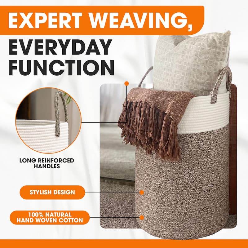Cheer Collection Large Woven Cotton Laundry Hamper with Handles Stylish Storage Basket for Clothes Toys and Blankets