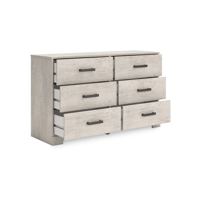Shawn Wide Dresser, 6 Drawers, Black Handles, Light Gray Wood, 59 Inch