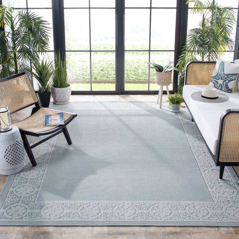 SAFAVIEH Bermuda Washable Aliete Indoor/ Outdoor Waterproof Rug - 9' x 12' - Light Blue/Ivory