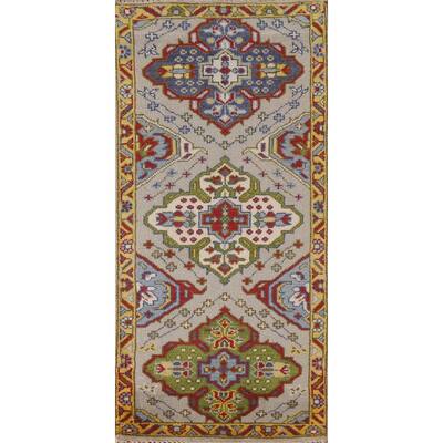 Geometric Beige Kazak Oriental Rug Hand-Knotted Wool Carpet - 2'7"x 6'1"