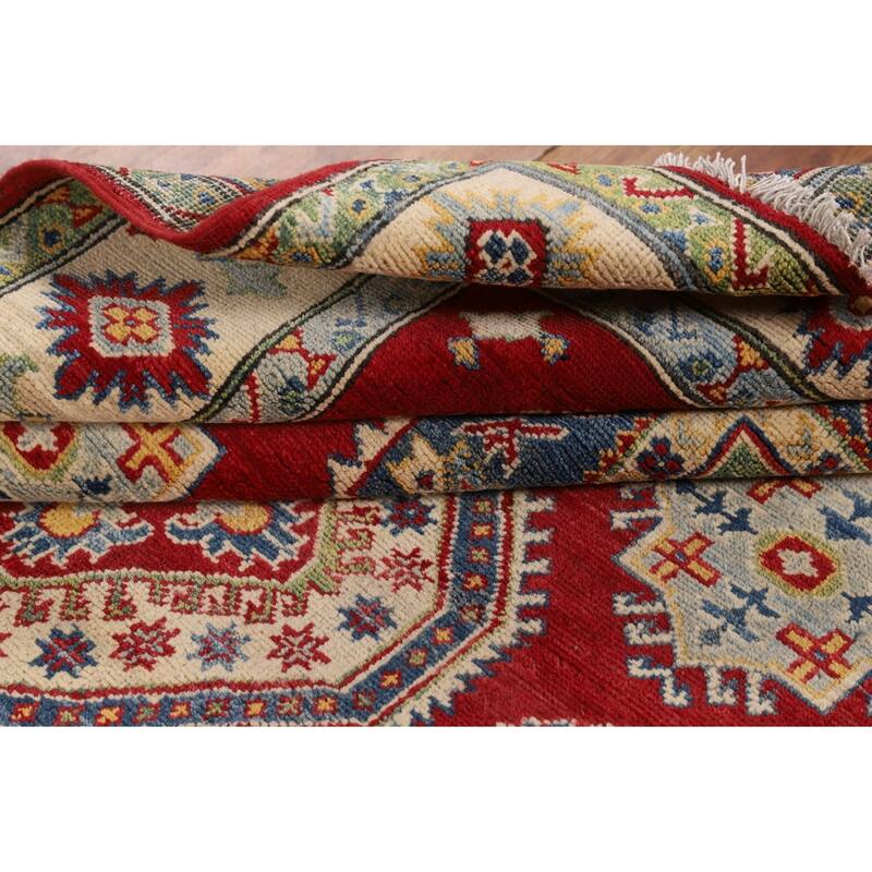 Red Kazak Oriental Area Rug Handmade Geometric Wool Carpet - 5'1" x 6'9"