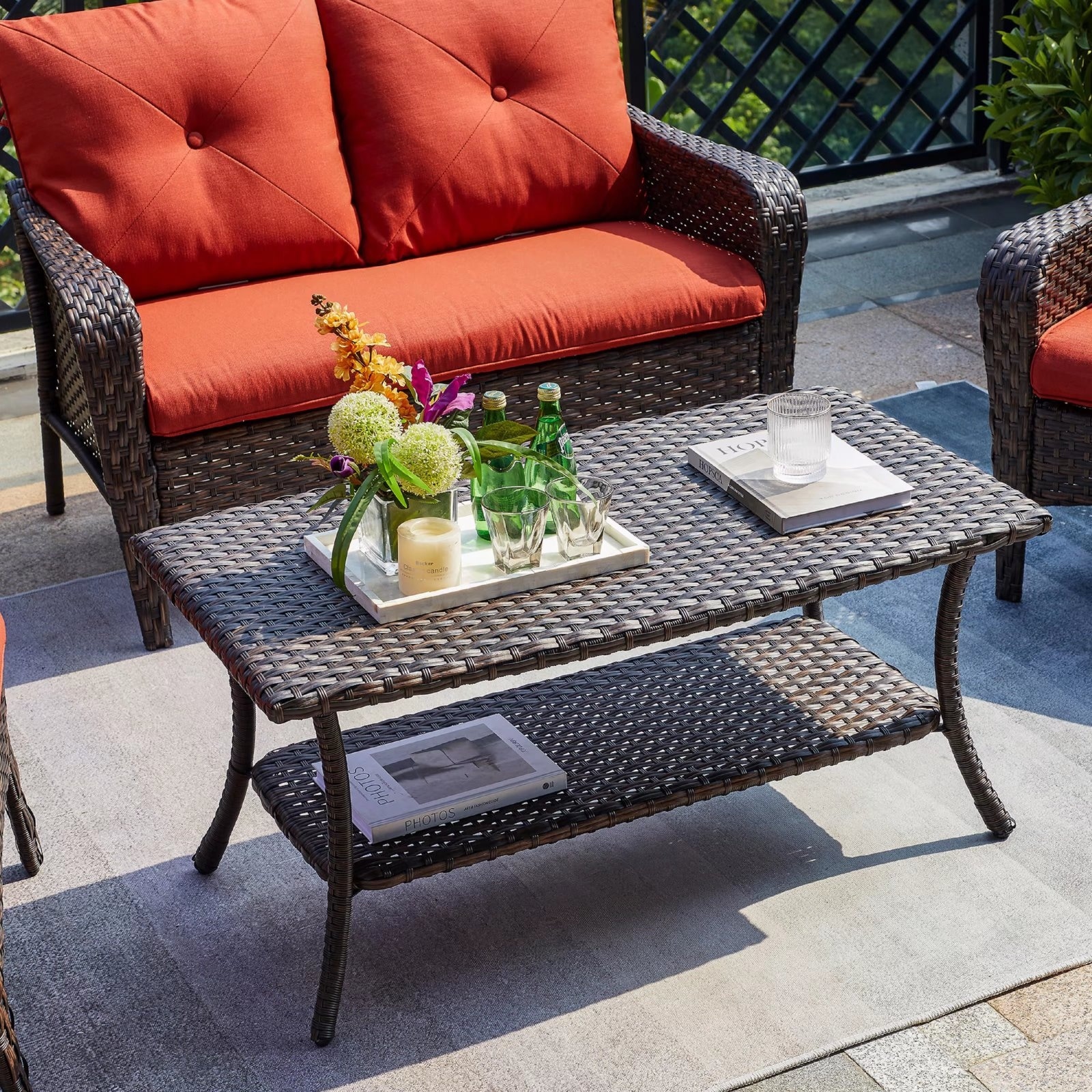 Pocassy Outdoor Wicker Coffee Table with 2-Tier Storage Shelf