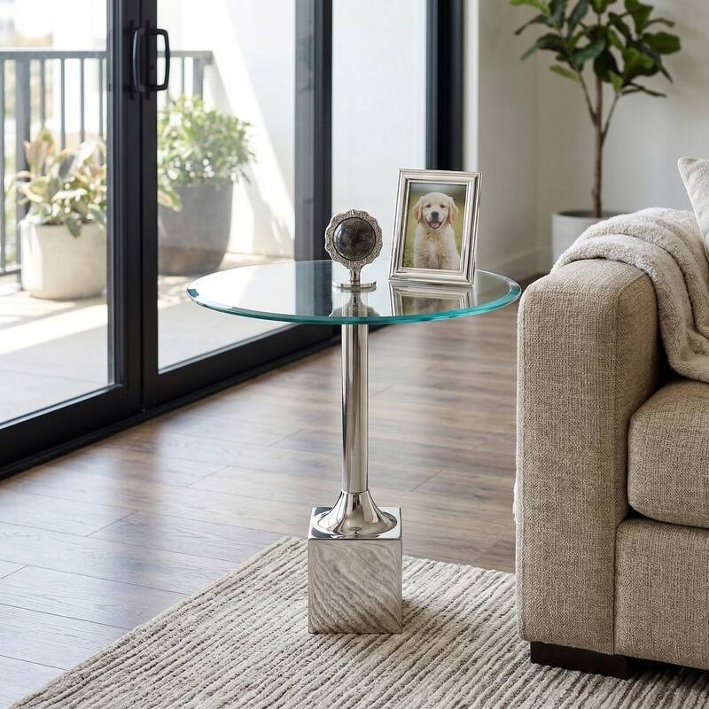 Accent Side Table with Glass Top and Sculptural Base - 23" - 23.0"