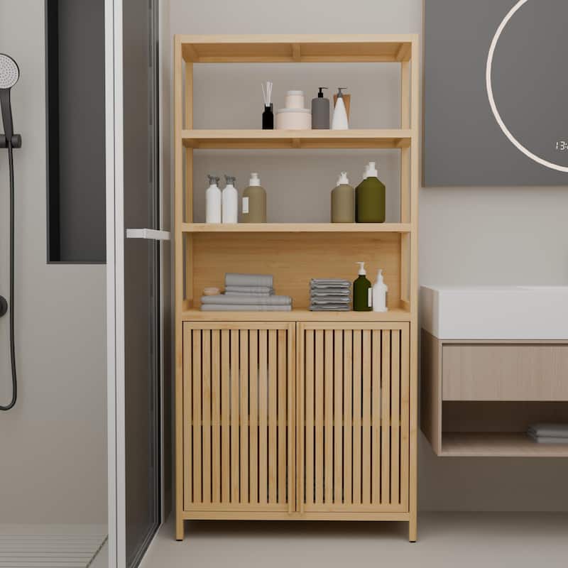 Bamboo Bathroom Cabinet with Drawers, Storage Cabinet with Open Shelves, Accent Cabinet with Magnetic Door