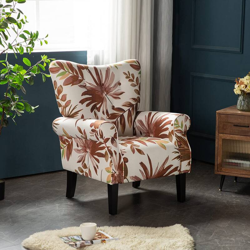 Erommy Modern Accent Chair, High Back Armchair, Upholstered Fabric Button Single Sofa with Wooden Legs for Living Room - Red - Leaves