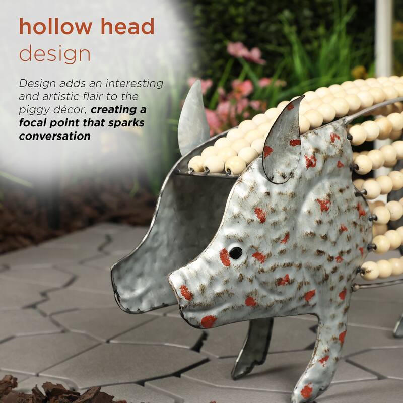 Metal Pig with Hollow Head and Wooden Beaded Body Decor