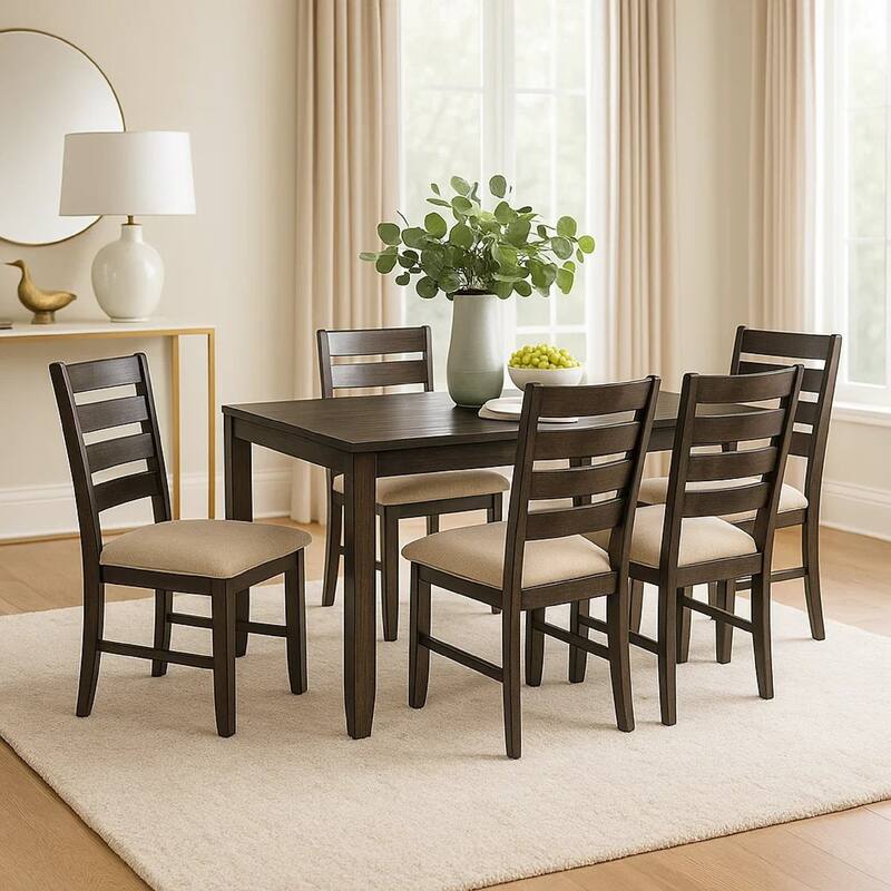 Ane 7pc Dining Table Set, Cream Upholstered Chairs, Rough Sawn Brown
