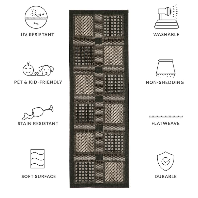 SAFAVIEH Courtyard Leba Indoor /Outdoor Waterproof Patio Backyard Rug - 2'3" x 6'7" Runner - Black/Sand