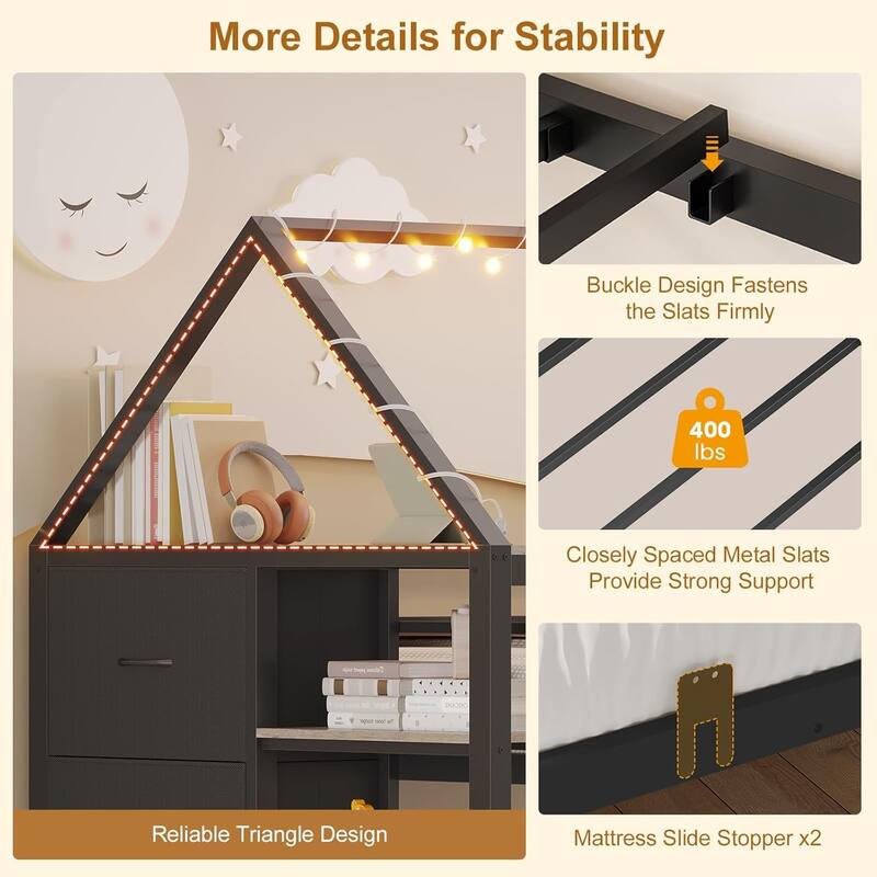 House Low Loft Bed Twin Size Storage Drawers Bookcase LED Lights