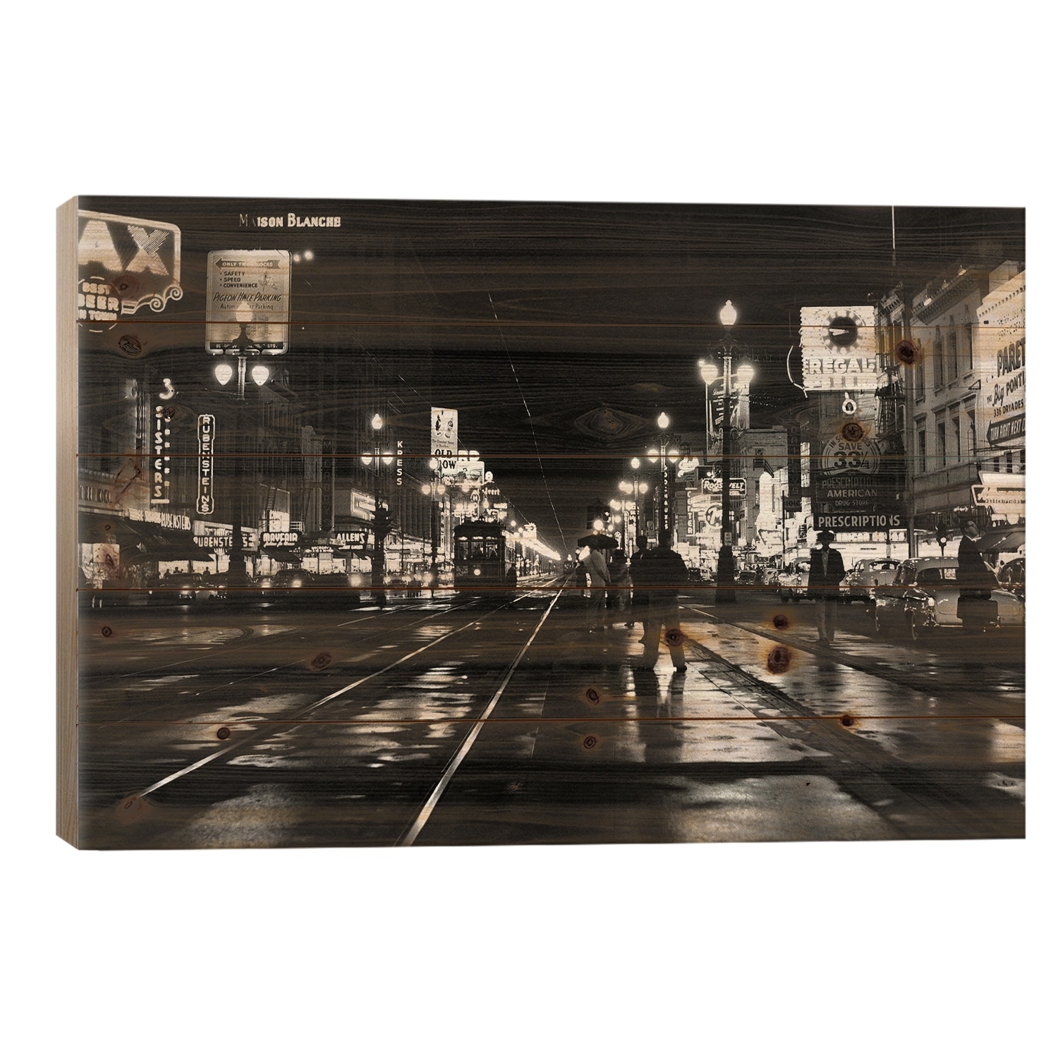 1950s Night Scene Canal Street New Orleans Louisiana USA Print On Wood by Vintage Images - Multi-Color