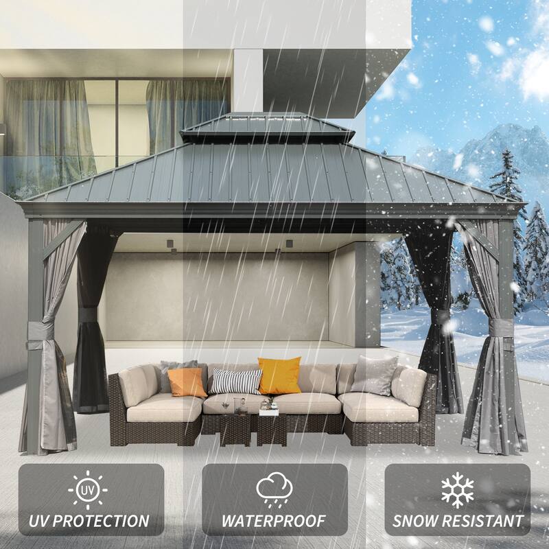 10' X 14' Hardtop Gazebo with Galvanized Steel Roof, Aluminum Frame, Curtains, and Netting for Outdoor Use