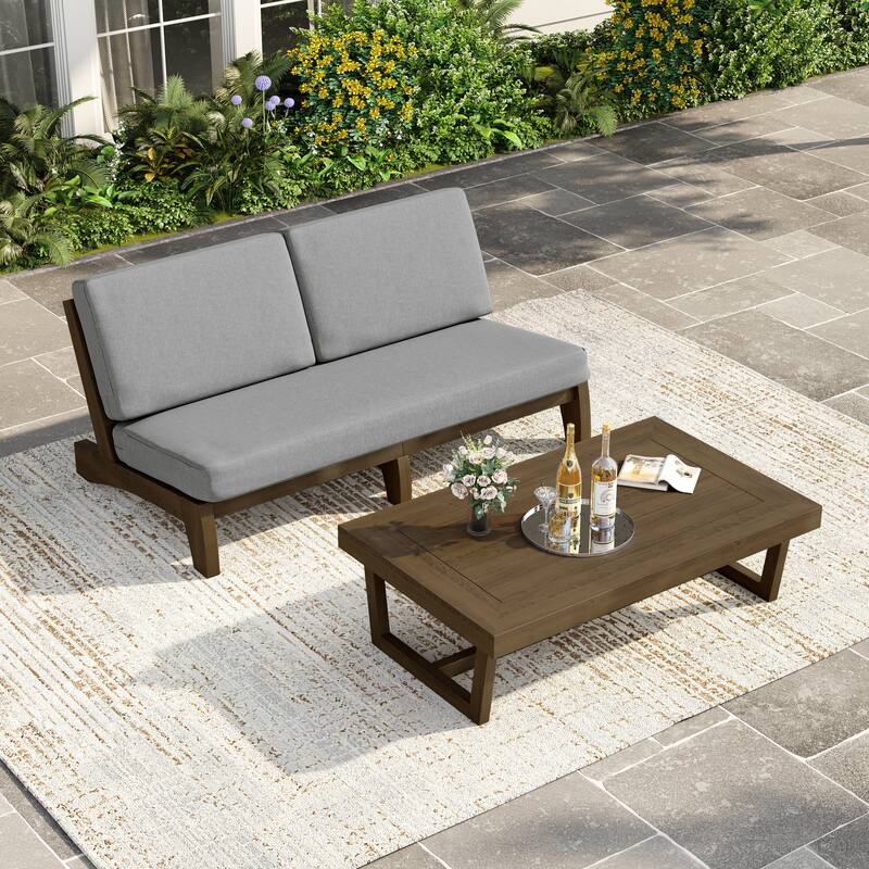 3 Seat Wood 64" W Cushioned Outdoor Patio Sofa with Coffee Table - Natural Wood - Grey