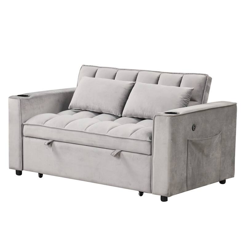 4-1 Multi-Functional Sofa Bed, 55.3" Sleeper Sofa Bed with Cup Holder & USB Port, Convertible Sleeper Couch Bed for Living Room