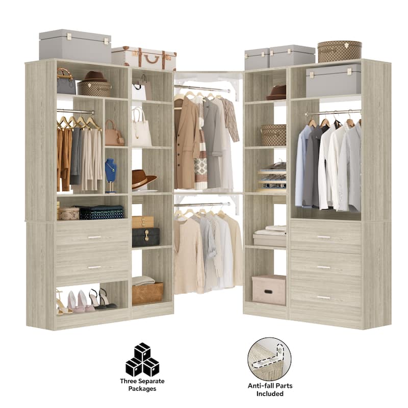Kyrvo Corner Closet System with 5 Wooden Drawers & 12 Shelves, Freestanding Closet Organizer System for Walk-in/Reach-in Closet