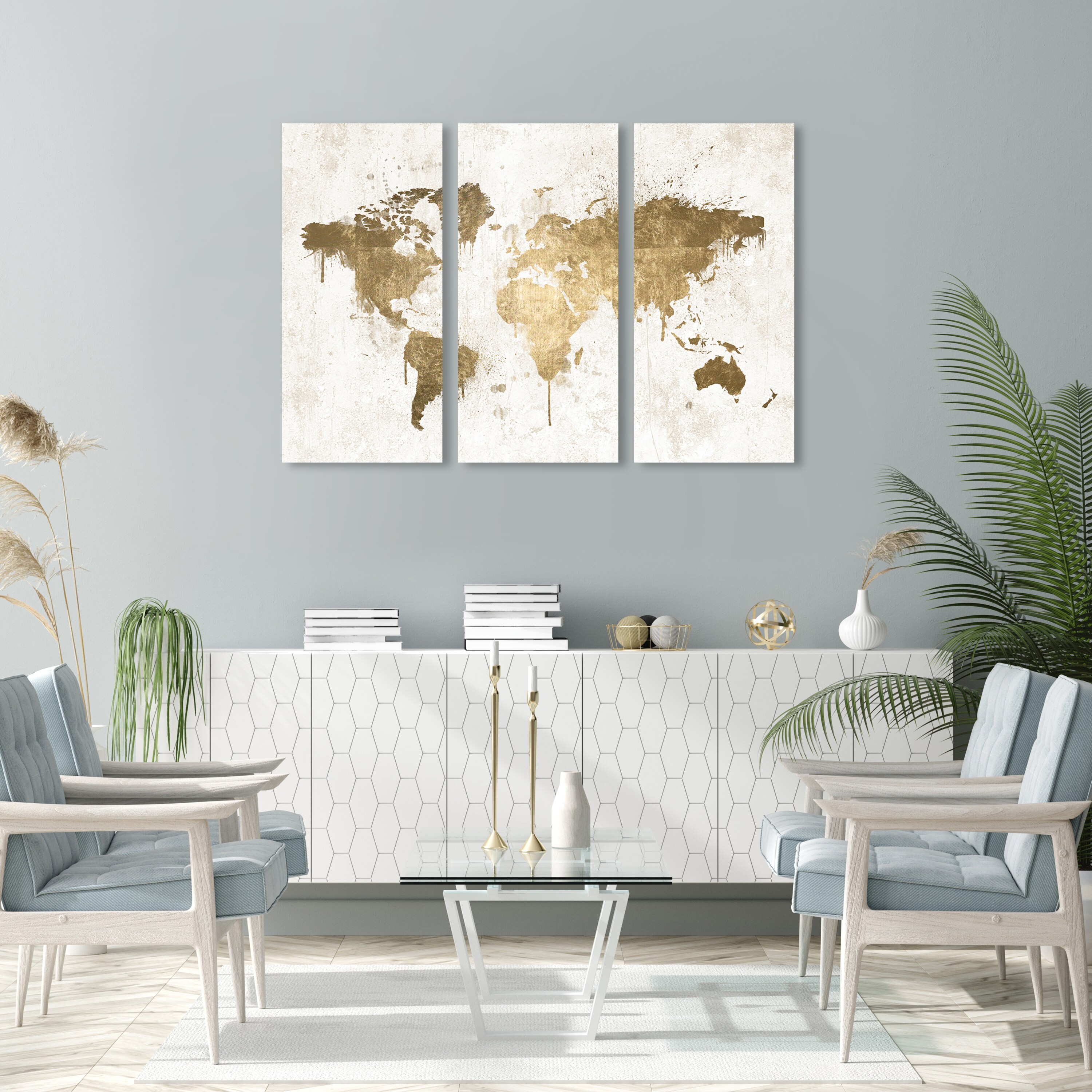 Oliver Gal 'Mapamundi White Gold Triptych' Maps and Flags Wall Art