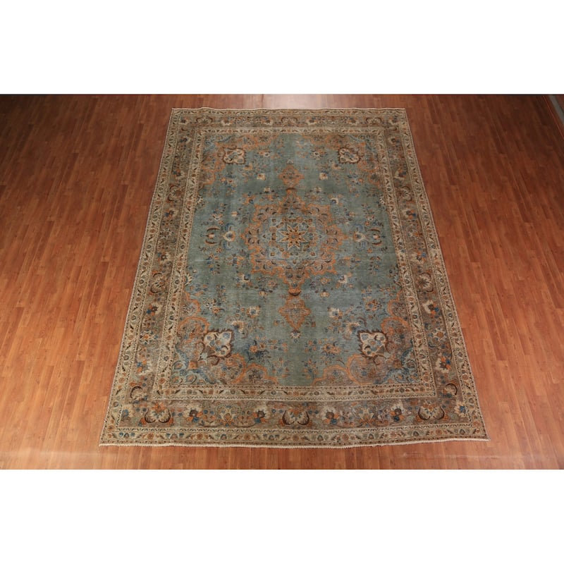 Green Medallion Tabriz Persian Area Rug Hand-Knotted Wool Carpet - 9'6"x 12'11"