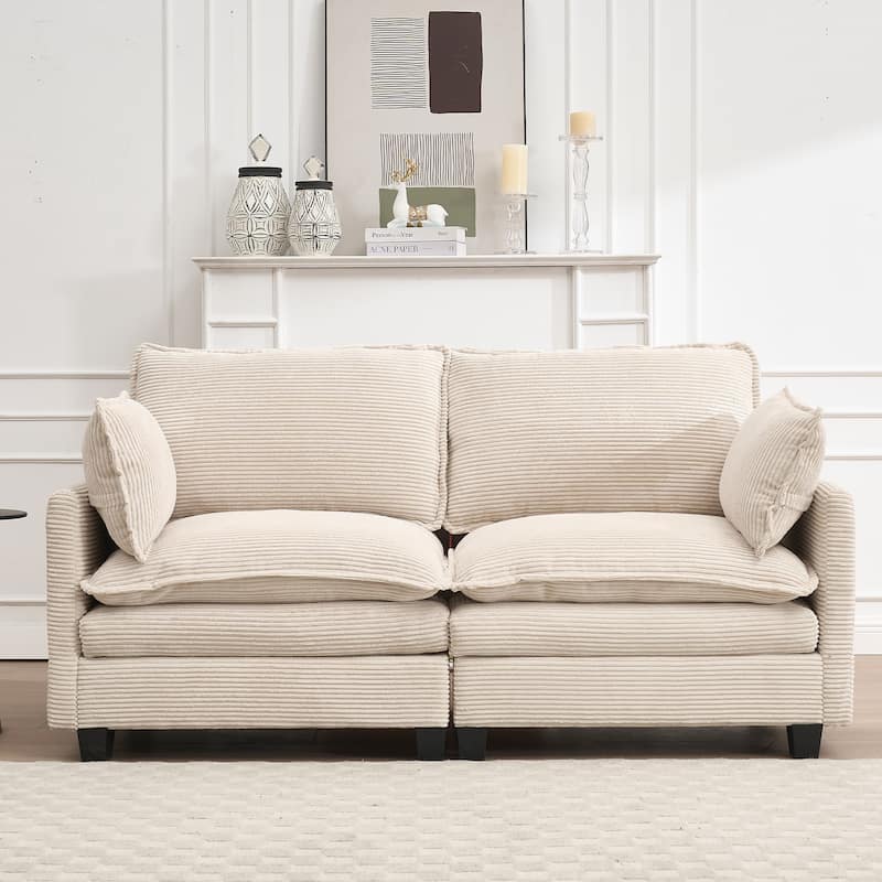 Corduroy Upholstered Loveseat Sofa Deep Seat Modular 2 Seater Couch with Double Cushions and 2 Lumbar Pillows for Living Room - Beige
