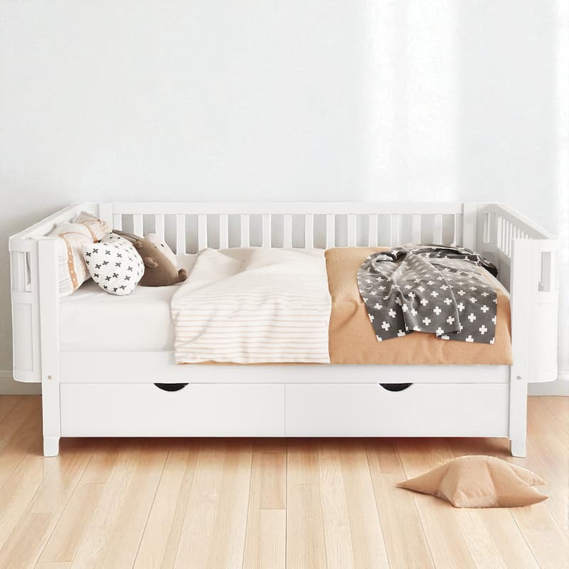 Twin/Full Size Wooden Platform Bed with Safety Rails and 2 Storage Drawers, Low Profile Kids Bed Frame