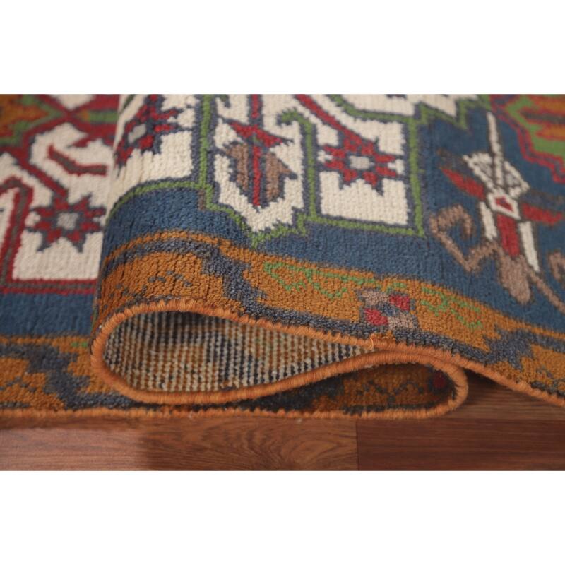 Blue Geometric Heriz Serapi Oriental Runner Rug Handmade Wool Carpet - 2'7"x 7'10"