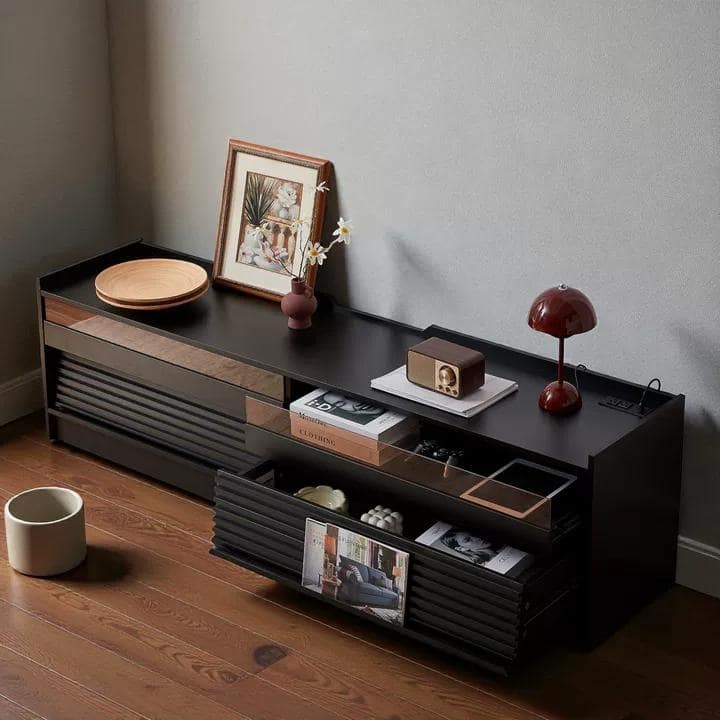 68.9" Modern TV Stand with 4 Glass-Front Drawers, Built-in USB/Type-C Charging Ports, LED Lighting, Media Storage