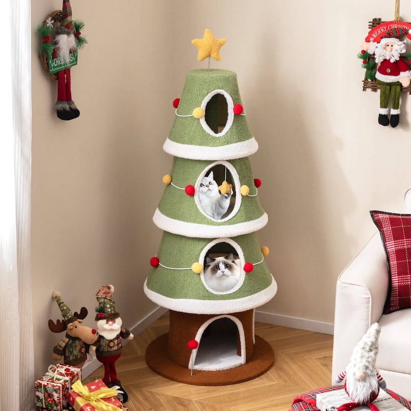 Costway 61”Large Christmas Cat Tree with 4 Condos, Sisal Carpet, - as pic shows - See Details