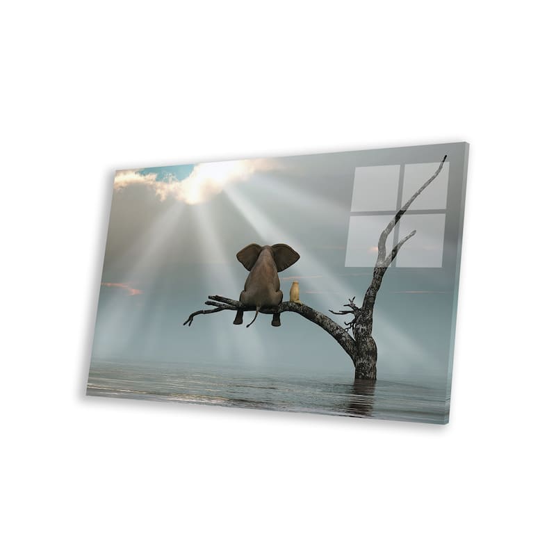 Elephant And Dog Are Sitting On A Tree Fleeing A Flood Print On Acrylic Glass by Mike Kiev
