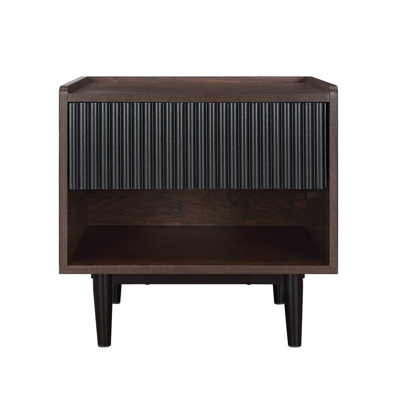 Mid-Century Black Fluted Nightstand with Drawer and Shelf - Black