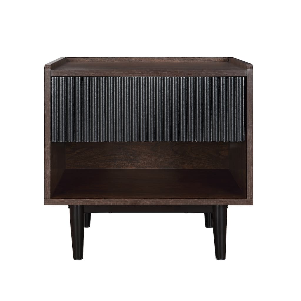 Mid-Century Black Fluted Nightstand with Drawer and Shelf