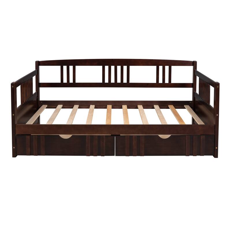 Daybed with Two Drawers, Solid Wood Frame, Guardrails, No Box Spring Needed