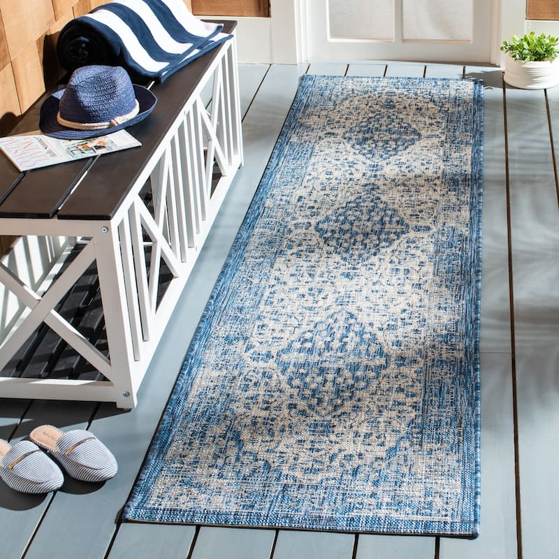 SAFAVIEH Courtyard Boud Indoor/ Outdoor Waterproof Patio Backyard Rug - 2'3" x 8' Runner - Blue/Grey