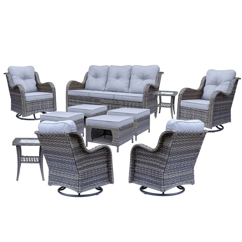 11 Piece Rattan Wicker Outdoor Patio Furniture with Swivel Chairs Set