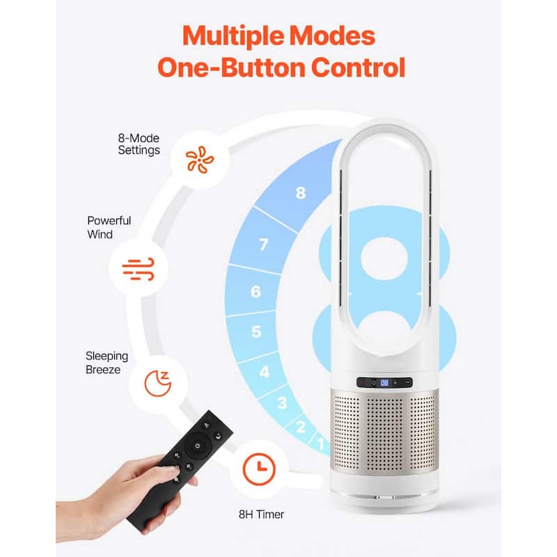 30W Oscillating Tower Fan with 1200W Heating and 8-Speed Settings HEPA Filter for Home or Office - 34 inch