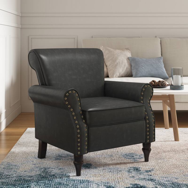 Modern Upholstered Armchair Nailhead Trim Accent Chair - Faux Leather - Black