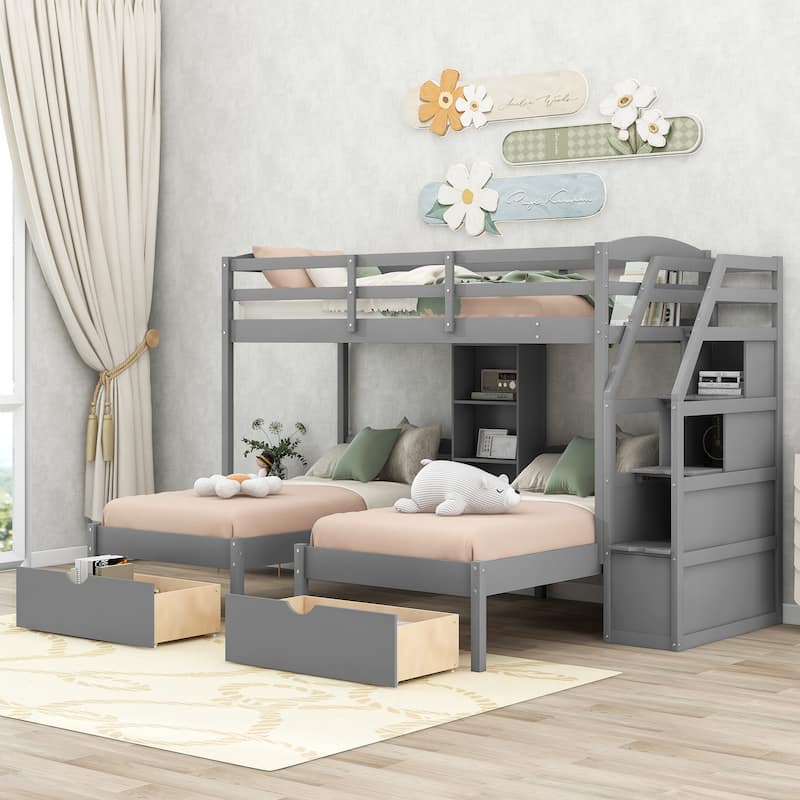 Triple Bunk Bed with Storage Drawers, Built-in Shelves, Staircase, Gray