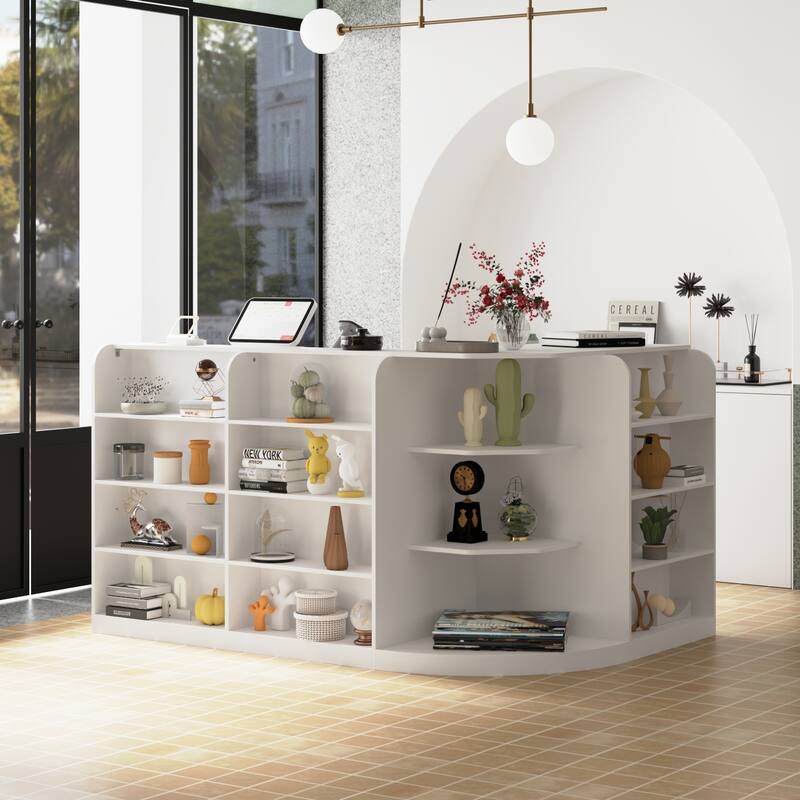 70.9" White Curved Front Desk with Shelving and Storage Reception Desk
